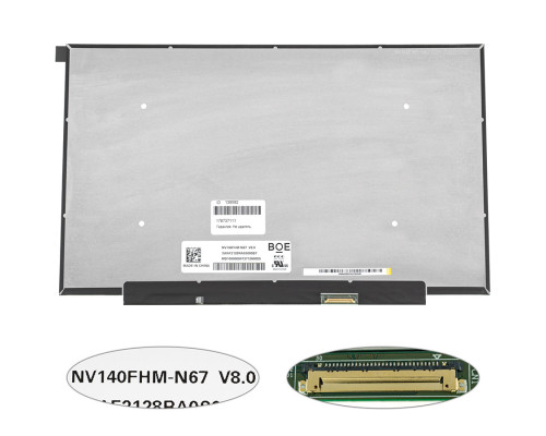 Матриця 14.0" NV140FHM-N67 (1920*1080, 30pin(eDP, IPS, 250cd/m2, 16.7M, 45% NTSC), LED, SLIM (без планок та вушок), матова, роз'єм праворуч внизу, дп=220 narrow border)) для ноутбука NBB-139592