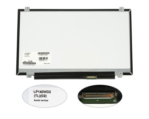 Матриця 14.0 LP140WD2-TLD2 (1600*900, 40pin, LED, SLIM (вертикальні вушки), матова, роз'єм праворуч знизу) для ноутбука (renew)