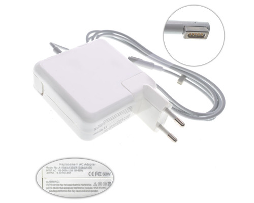 Блок живлення для ноутбука APPLE MagSafe 16.5V, 3.65A, 60W, white, квадратний, з євро-адаптером (A1184, A1330, A1344, A1278), L-подібний роз'єм MagSafe NBB-43028