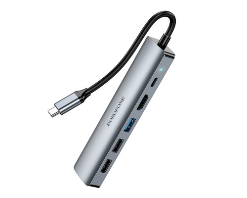 Хаб USB Borofone DH16 6-в-1 Type-C to HDMI+PD+USB3.0+USB2.0*2+RJ45(L=0.15M) Колір Сiрий 6941991115592 ma35479_3346510