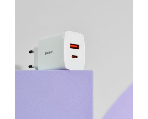 МЗП Baseus Compact Quick Charger 20W QC+ PD (1Type-C + 1USB) white