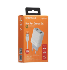 Мережевий Зарядний Пристрій Borofone BA39A QC3.0 Type-C 2USB 18W Колір Білий 6931474723406