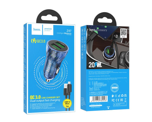 Автомобільний Зарядний Пристрій Hoco Z47 Transparent QC3.0 18W Micro Колір Прозорий синій