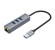 Хаб USB Hoco HB34 Easy link Gigabit Ethernet adapter(USB to USB3.0*3+RJ45) Колір Сiрий 6931474794536