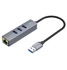 Хаб USB Hoco HB34 Easy link Gigabit Ethernet adapter(USB to USB3.0*3+RJ45) Колір Сiрий 6931474794536