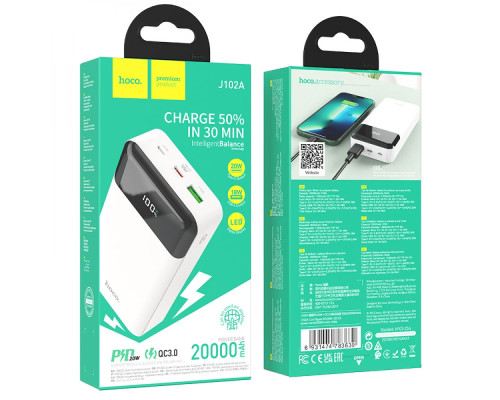 Універсальна Мобільна Батарея Power Bank Hoco J102A Cool figure PD20W+QC3.0 20000 mAh Колір Бiлий 6931474783639