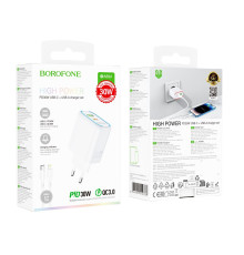 Мережевий Зарядний Пристрій Borofone BA89A 1USB-C/1USB PD/QC 30W+Type-C to Lightning Колір Бiлий 6941991119378 ma36877_3609463