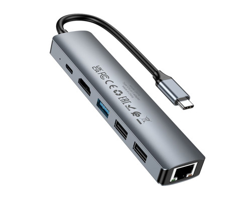 Хаб USB Borofone DH16 6-в-1 Type-C to HDMI+PD+USB3.0+USB2.0*2+RJ45(L=0.15M) Колір Сiрий 6941991115592 ma35479_3346510