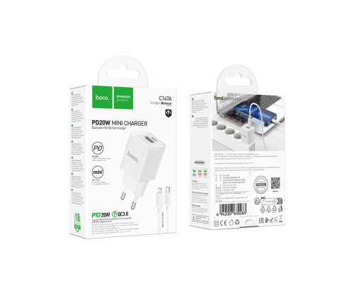 Мережевий Зарядний Пристрій Hoco C147A 1USB-C/1USB PD/QC 20W+Type-C to Lightning Колір Бiлий 6942007630283 ma35290_3345681