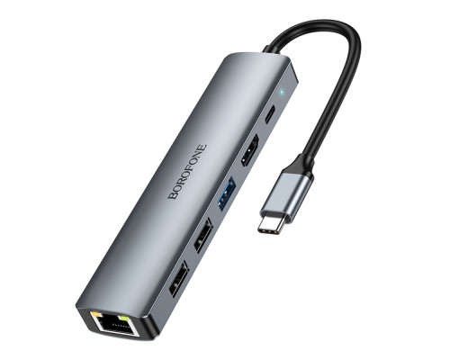 Хаб USB Borofone DH16 6-в-1 Type-C to HDMI+PD+USB3.0+USB2.0*2+RJ45(L=0.15M) Колір Сiрий 6941991115592 ma35479_3346510