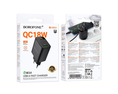 Мережевий Зарядний Пристрій Borofone BA95A 1USB QC 18W Led Display Колір Чорний 6941991120428 ma37247_3611064