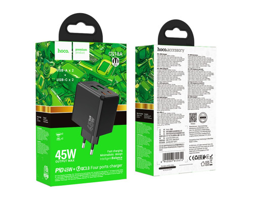Мережевий Зарядний Пристрій Hoco CS18A 2USB-C/2USB PD/QC 45W Колір Чорний 6942007645614 ma36898_3609484