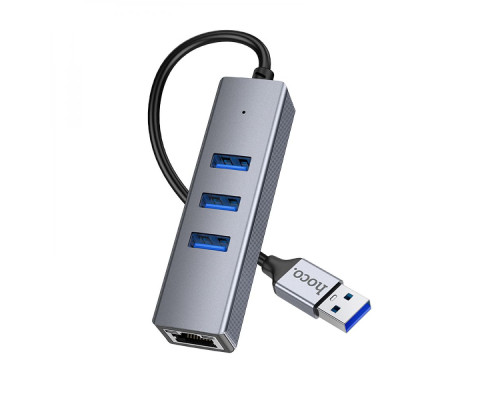 Хаб USB Hoco HB34 Easy link Gigabit Ethernet adapter(USB to USB3.0*3+RJ45) Колір Сiрий