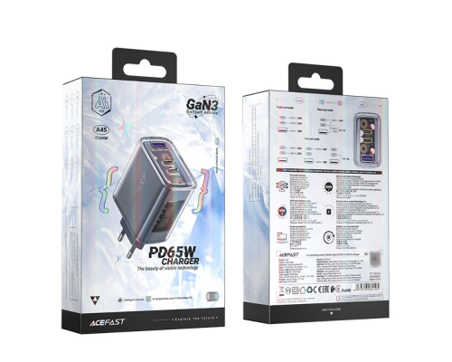 Зарядний пристрій Acefast A45 65W 3A USB-A+2USB-С gray PLS-00-00124913
