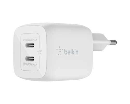 Зарядний пристрій Belkin 45W 3A GAN 2USB-С (WCH011VFWH) white PLS-00-00136414