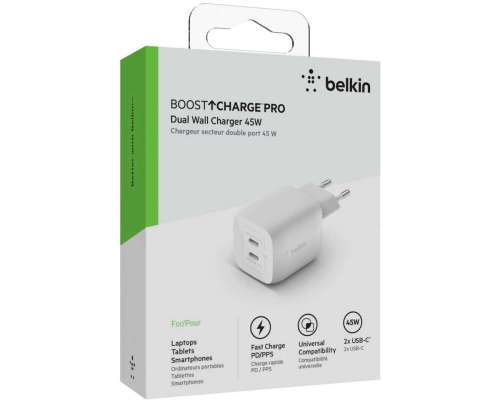 Зарядний пристрій Belkin 45W 3A GAN 2USB-С (WCH011VFWH) white PLS-00-00136414