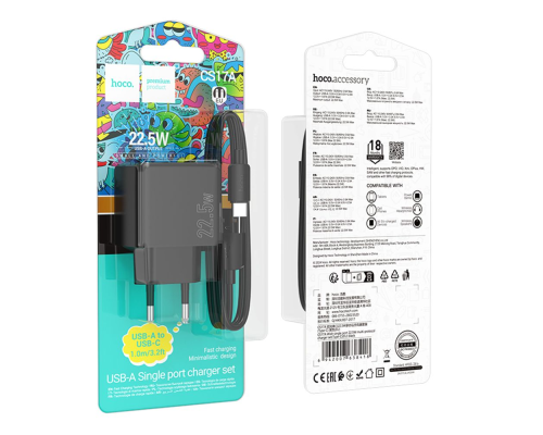 Зарядний пристрій Hoco CS17A 22.5W 3A 1USB-A з кабелем Type-C black PLS-00-00145460