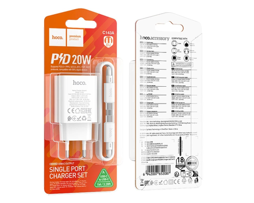 Зарядний пристрій Hoco C143A 20W 3A USB-C з кабелем Type-C white PLS-00-00145465
