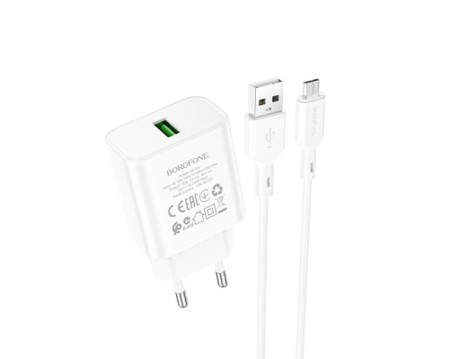 Зарядний пристрій Borofone BA72A 18W 3A USB-A з кабелем A-M white PLS-00-00120520