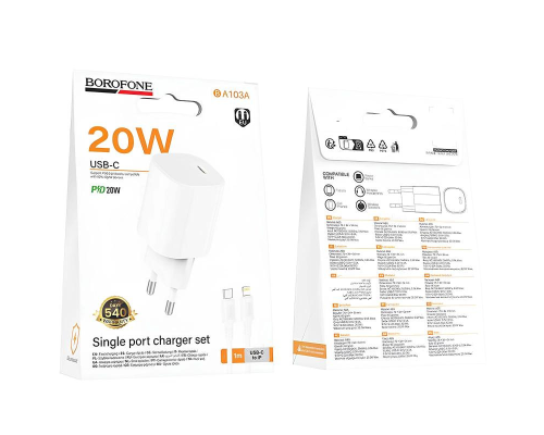 Зарядний пристрій Borofone BA103A 20W 3A USB-C з кабелем C-L white PLS-00-00169788