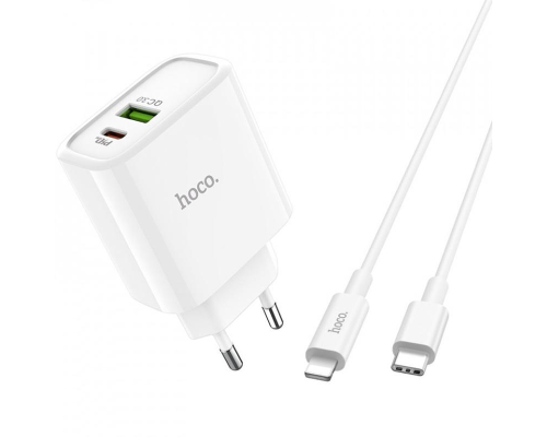 Зарядний пристрій Hoco C80A 20W 3.1A 1USB-A+1USB-C з кабелем Lightning white PLS-00-00051057