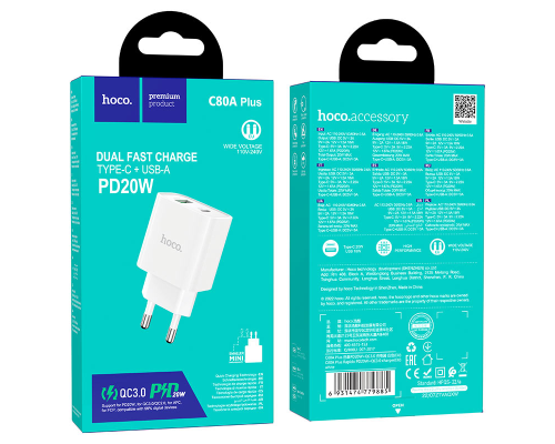 Зарядний пристрій Hoco C80A Plus 20W 3A 1USB-A+1USB-C white PLS-00-00101562