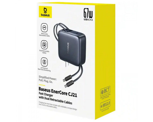 МЗП Baseus EnerCore CJ21 Fast Charger with Dual Retractable Cables 67W (3 Type-C) black 2003000335040 6932172697167