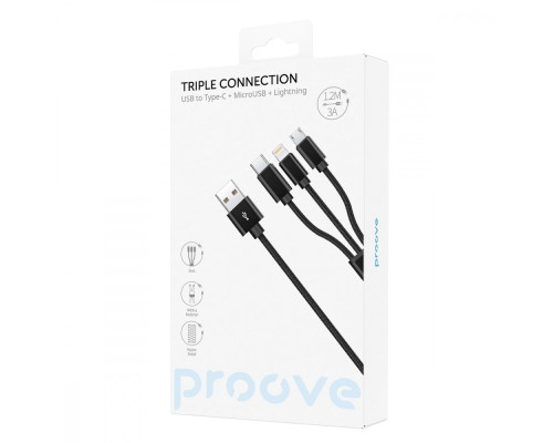 Кабель Proove Triple Connection 3 in 1 Type-C + Micro USB + Lightning (1,2m) black