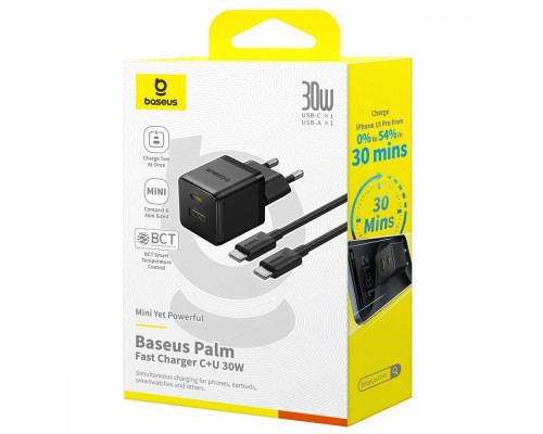 МЗП Baseus Palm Fast Charger Type-C+USB 30W (With Cable Type-C to Type-C 60W 1m) white 2003000211078 6932172677336
