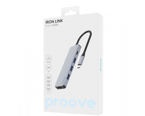 Type-C-Хаб Proove Iron Link 5 in 1 (3*USB3.0 + Tyce C + HDMI) silver