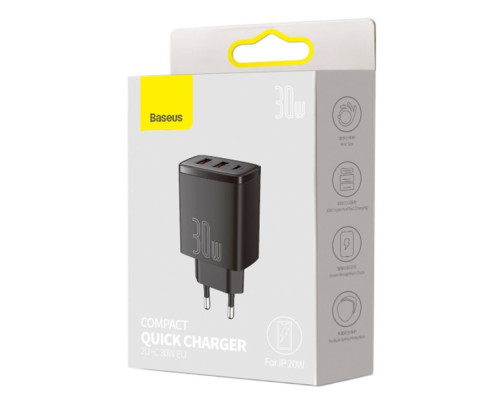 МЗП Baseus Compact Quick Charger 30W QC+ PD (1Type-C + 2USB) black