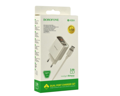 Мережевий Зарядний Пристрій Borofone BA58A Digital Display Type-C 2USB 2.4A Колір Бiлий 6931474749154