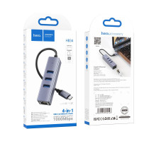 Хаб USB Hoco HB34 Easy link Gigabit Ethernet adapter(Type C to USB3.0*3+RJ45) Колір Сiрий