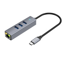 Хаб USB Hoco HB34 Easy link Gigabit Ethernet adapter(Type C to USB3.0*3+RJ45) Колір Сiрий 6931474794543