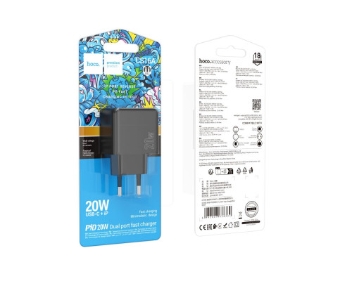 Мережевий Зарядний Пристрій Hoco CS16A 1USB-C/1IP PD/QC 20W Колір Чорний 6942007638364 ma35776_3605181