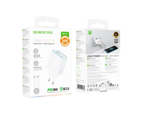 Мережевий Зарядний Пристрій Borofone BA89A 1USB-C/1USB PD/QC 30W+Type-C to Type-C Колір Бiлий 6941991119385 ma36878_3609464