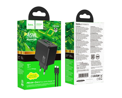 Мережевий Зарядний Пристрій Hoco CS18A 2USB-C/2USB PD/QC 45W+Type-C to Type-C Колір Чорний 6942007645621 ma36899_3609485
