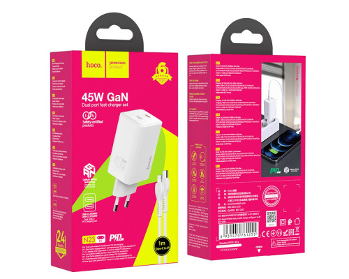 Мережевий Зарядний Пристрій Hoco N23 GAN Starlight PD45W Type-C to Lightning М'ята упаковка Колір Бiлий 2020000495253 ma38898_3868855