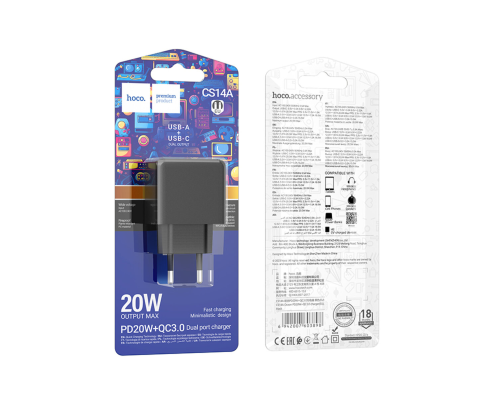 Зарядний пристрій Hoco CS14A 20W 3A 1USB-A+1USB-С black PLS-00-00125568