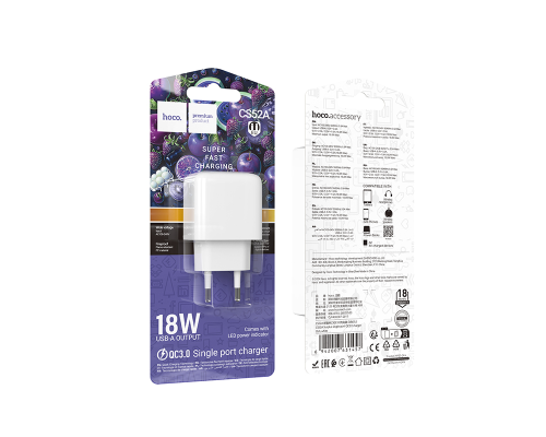 Зарядний пристрій Hoco CS52A 18W 3A 1USB-A white PLS-00-00145523
