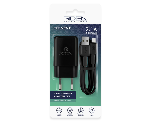 Зарядний пристрій Ridea RW-11211 Element 10.5W 2.1A 1USB-A з кабелем Type-C black PLS-00-00123680