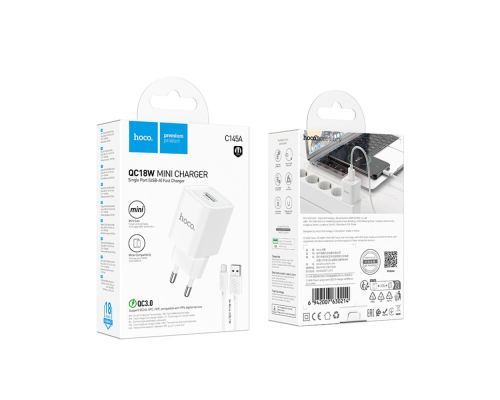 Зарядний пристрій Hoco C145A 18W 3A 1USB-A з кабелем Micro USB white PLS-00-00141175