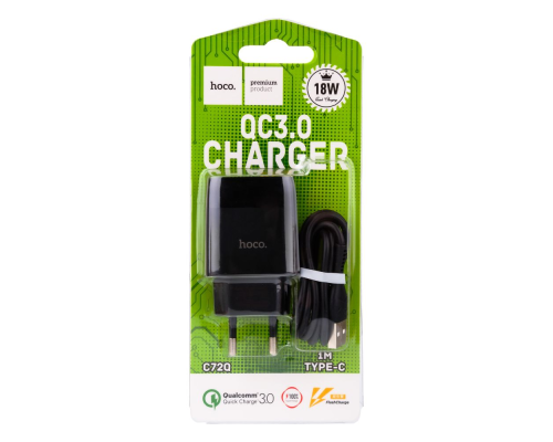 Зарядний пристрій Hoco C72Q 18W 3A 1USB-A з кабелем Type-C black PLS-00-00059567