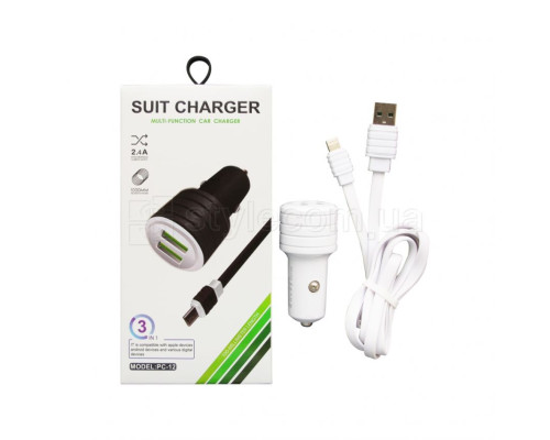 Автомобільний зарядний пристрій CHARGER 2в1 2USB 2.4A + Lightning white TPS-2710000187813