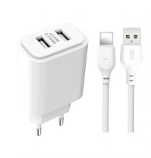 Мережевий зарядний пристрій (адаптер) 2в1 XO L90C 2USB / 2.4A + Data Cabel USB to Lightning white