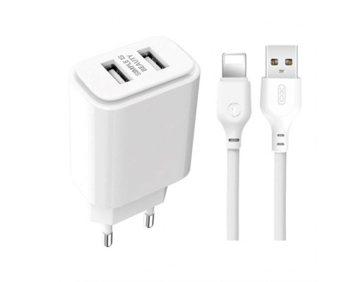 Мережевий зарядний пристрій (адаптер) 2в1 XO L90C 2USB / 2.4A + Data Cabel USB to Lightning white