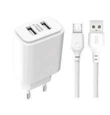 Мережевий зарядний пристрій (адаптер) 2в1 XO L90C 2USB / 2.4A + Data Cabel USB to Micro white