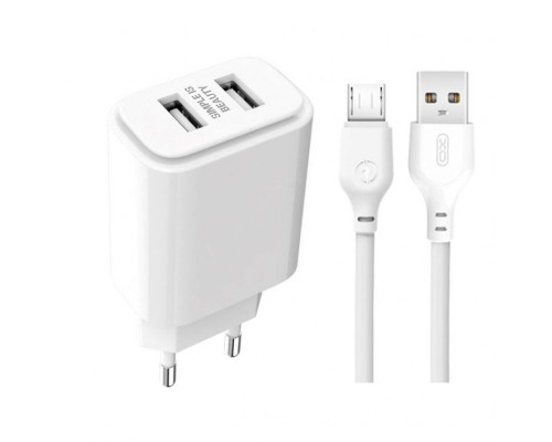 Мережевий зарядний пристрій (адаптер) 2в1 XO L90C 2USB / 2.4A + Data Cabel USB to Micro white