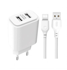 Мережевий зарядний пристрій (адаптер) 2в1 XO L90C 2USB / 2.4A + Data Cabel USB to Type-C white