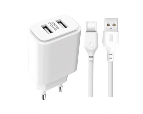 Мережевий зарядний пристрій (адаптер) 2в1 XO L90C 2USB / 2.4A + Data Cable USB to Type-C white